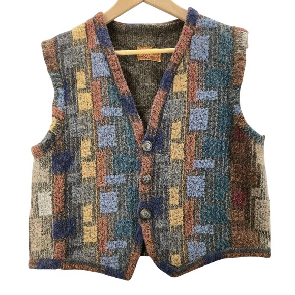 Vintage 50s 60s Patchwork Design Wool Sweater Vest Handmade Men's 40 M